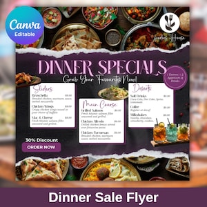 Edytowalny szablon ulotki Canva Ulotka wyprzedaży kolacji, niedzielna specjalna ulotka Ulotka biznesowa z menu restauracji Specjalna kolacja Szablon Canva