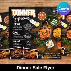 Edytowalny szablon ulotki Canva Ulotka wyprzedaży kolacji, niedzielna specjalna ulotka Ulotka biznesowa z menu restauracji Specjalna kolacja Szablon Canva