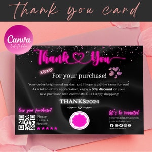 Bearbeitbar In Canva Black & Pink Geschäft Danke Kartenvorlage, ModernThank Sie Karte, DIY Marketing Neon Business Lash Nagel Kartenvorlage
