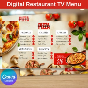 Pobierz cyfrowo Szablon menu restauracji telewizyjnej, menu cateringowe, ekran wyświetlacza menu restauracji, tablica menu telewizyjnego, szablon Canva, natychmiastowe pobieranie