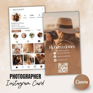 Carte de visite Instagram 2024 du photographe, photographe de cartes de visite Canva DIY, carte de visite avec code QR, cartes d'influence, modèle IG Canva
