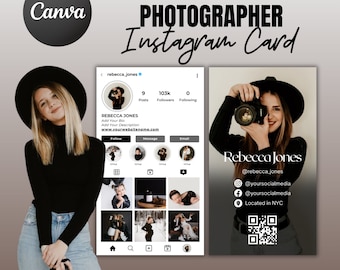 Carte de visite Instagram 2024 du photographe, photographe de cartes de visite Canva DIY, carte de visite avec code QR, cartes d'influence, modèle IG Canva