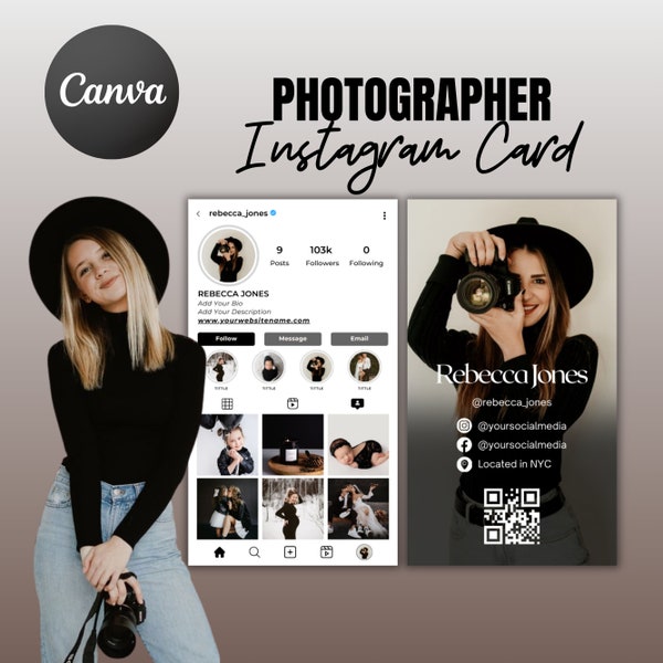 Fotógrafo Instagram Business Card 2024, DIY Canva Business Card Fotógrafo, Tarjeta de visita con código QR, Tarjetas de influencer, Plantilla IG Canva