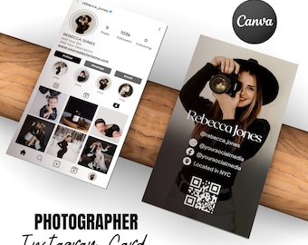 Carte de visite Instagram 2024 du photographe, photographe de cartes de visite Canva DIY, carte de visite avec code QR, cartes d'influence, modèle IG Canva