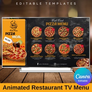 Animierte digitale Download Tv-Restaurant-Menü-Vorlage, Catering-Menü, Restaurant-Menü-Bildschirm, bearbeitbares Menü Board, Canva-Vorlage