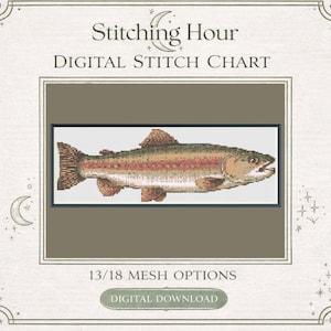 以下が含まれることがあります： ピクセル化されたニジマスのデジタルクロスステッチチャート。魚は茶色、緑、ピンクの色合いで表現され、詳細なひれと鱗があります。チャートには「Stitching Hour」のラベルがあり、「Digital Stitch Chart」と「Digital Download」のテキストが含まれています。