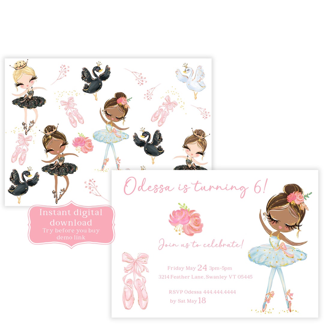Ballerina Birthday Card Ballerina Girl Customizable Editable Printable ...