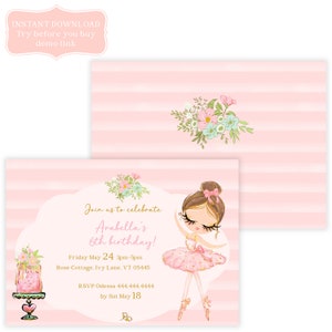 Ballerina Birthday Card Ballerina Girl Customizable Editable Printable Digital Template INSTANT DIGITAL DOWNLOAD, Ballet girl, Ballet rose