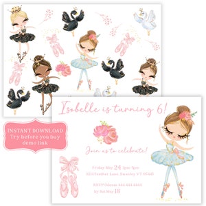 Cartão de aniversário de bailarina, bailarina, modelo digital personalizável, editável e imprimível, download digital instantâneo, balé menina
