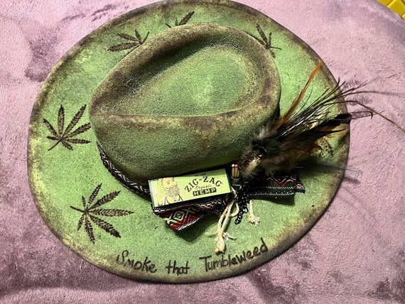 Custom Burned Green Feather Rancher Cowgirl Hat **cowboy Hat  display picture 3
