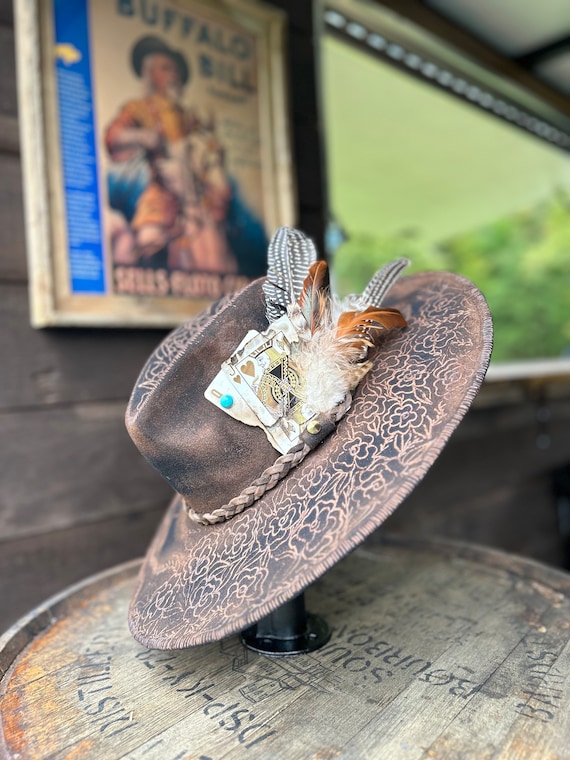 Custom Burned Brown Rancher Cowgirl Hat **lainey Wilson hat**feathers**playing cards**designer**rodeo**vintage**boho**western hat**festival