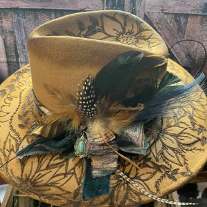 Custom Hand Burned Rancher Cowboy Hat **Designer**cowgirl hat**lainey wilson hat**rodeo hat**western hats**brown hat**feathers**sunflower