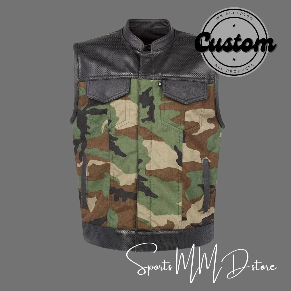 Men's Camouflage Denim and Leather Biker Vest UK