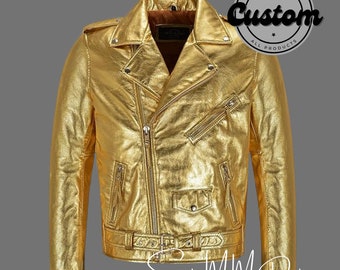 Men's Gold Metallic Foil Solid Casual Motorcycle Biker Leather Jacket, Men's Gold Biker Jacket, Men's Gold Metallic Leather Jacket