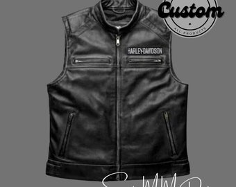 Chaleco de cuero genuino chaqueta de cuero chaleco hombres biker cuero vintage Harley Davidson chaleco hecho a mano NEGRO BIKER VEST /