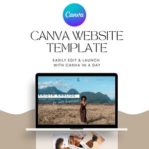 May include: A laptop computer displaying a website template for a business coach. The website features a photo of a woman standing in a field, with the text "KRISTA KARLISE" and "BUSINESS - SUCCESS COACH for bold businesses" displayed on the screen. The website also includes navigation links for "About", "Coaching", "Courses", and "Contact".