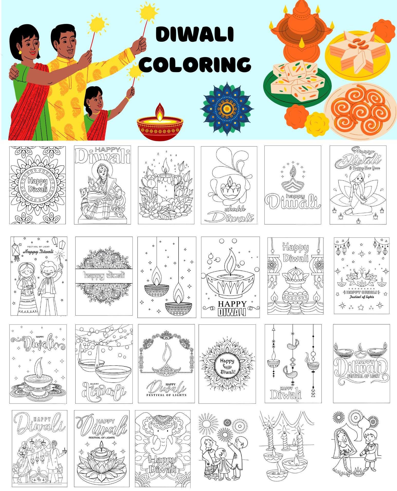 100 Printable Diwali Coloring Pages | Instant Download | Happy Diwali | Festival of lights | Holiday coloring | Diwa | Hindu | Hindi | Diya