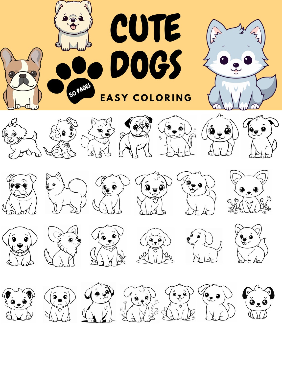 50 Printable Cute Dogs Coloring Pages Instant Download Kids Dog Coloring Dog Breed Coloring Cute
