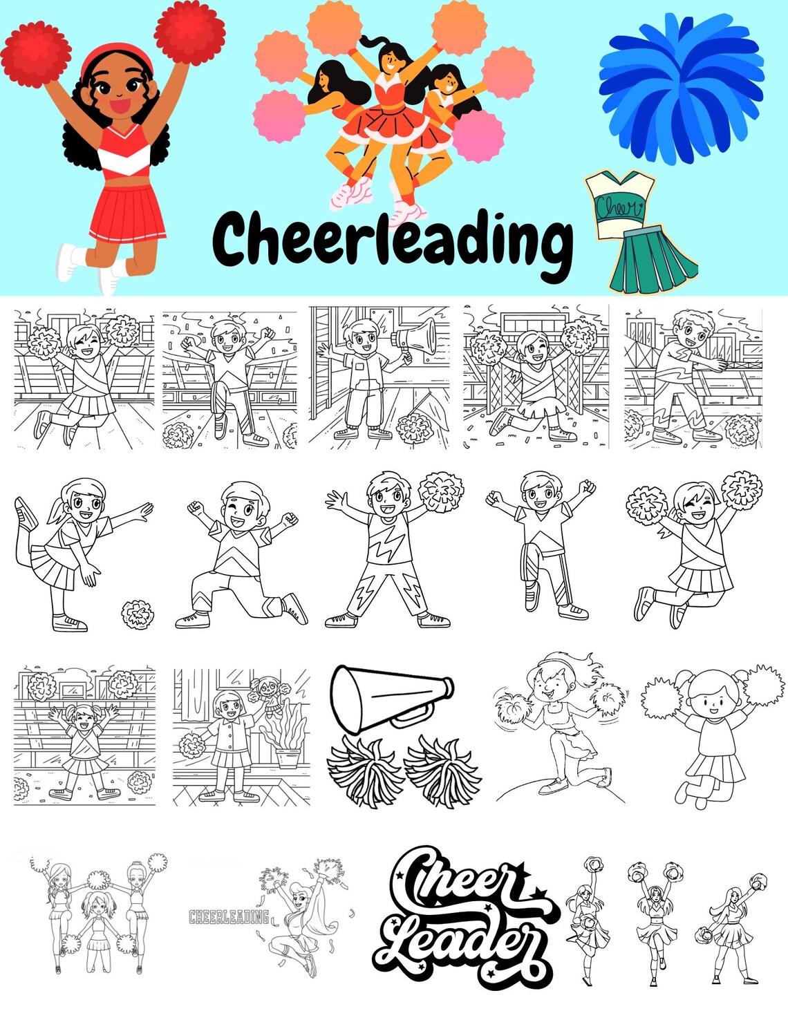 100 Printable Cheerleading Coloring Pages | Instant Download | Kids ...