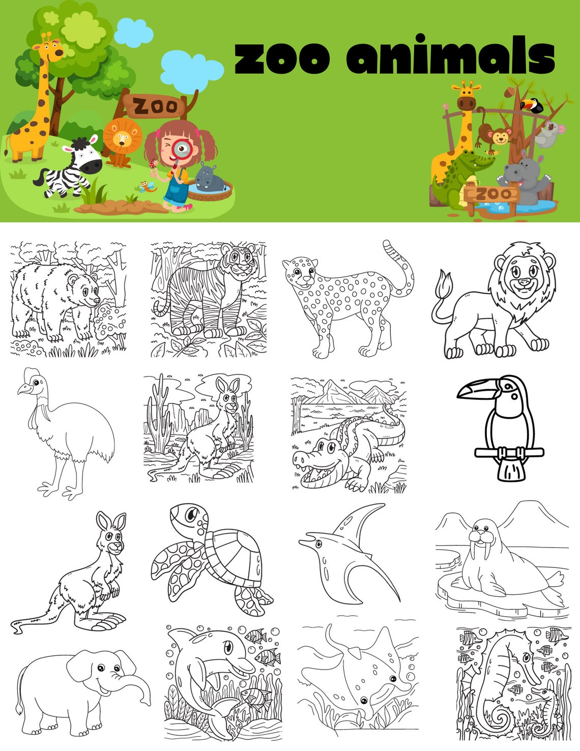 100 Printable Zoo Animal Coloring Pages | Instant Download | Kids Zoo ...