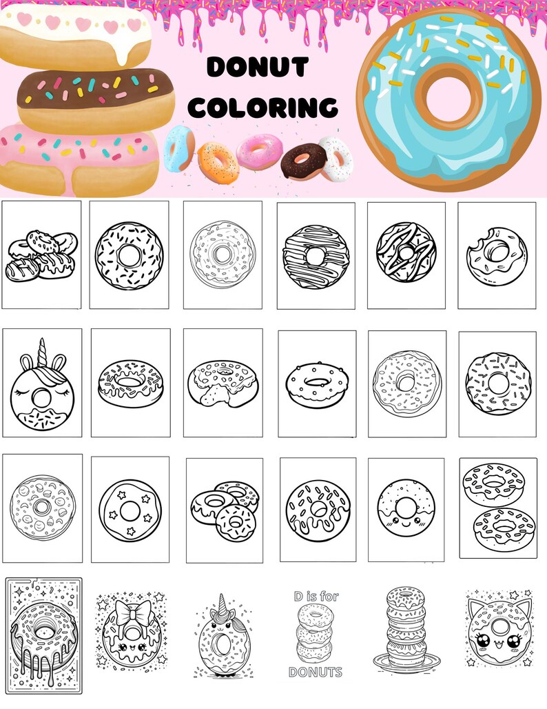100 Printable Donut Coloring Pages | Instant Download| Kids Activity | Donut Day Coloring | Cute ...