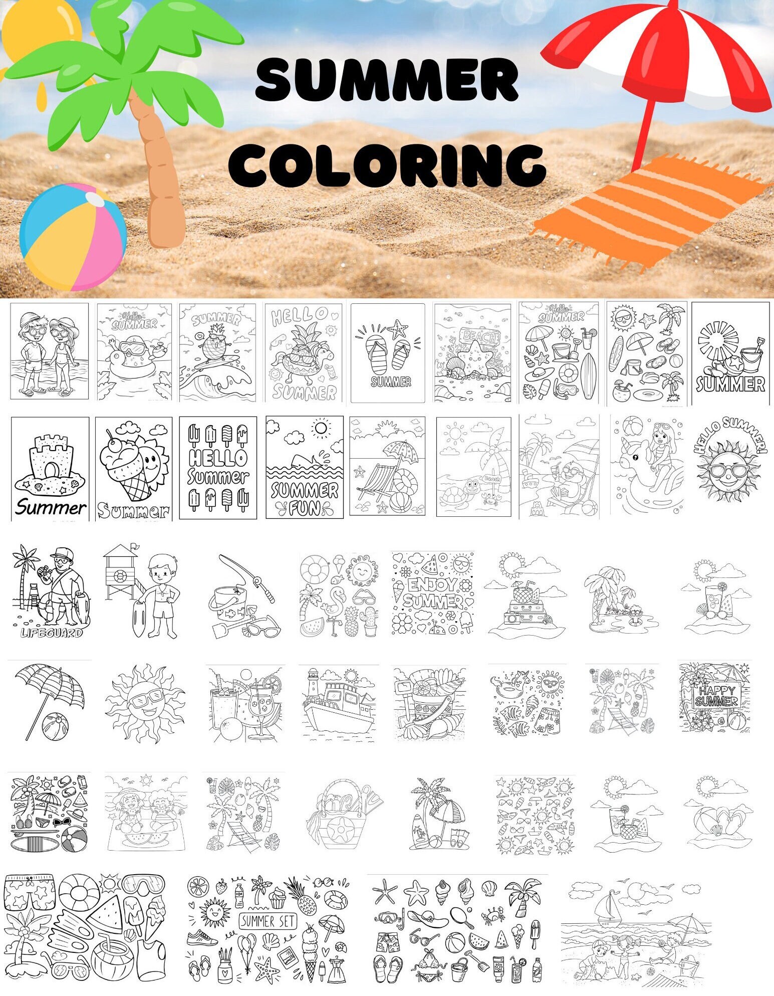100 Printable Summer Coloring Pages | Instant Download | Kids Summer Coloring | Cute Sun Coloring | Beach coloring | ocean | puzzle