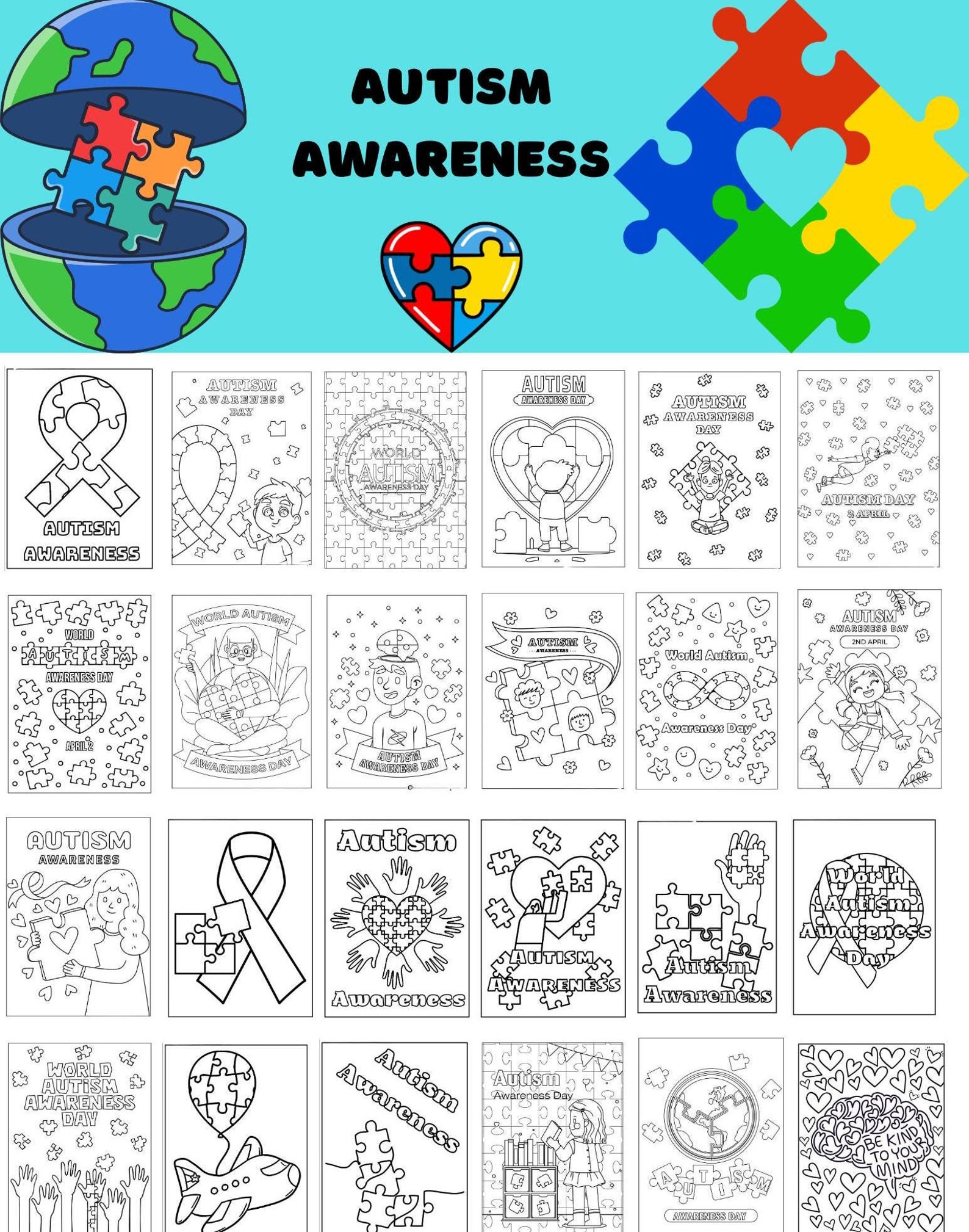 100 Printable Autism Awareness Coloring Pages | Instant Download | Kids ...
