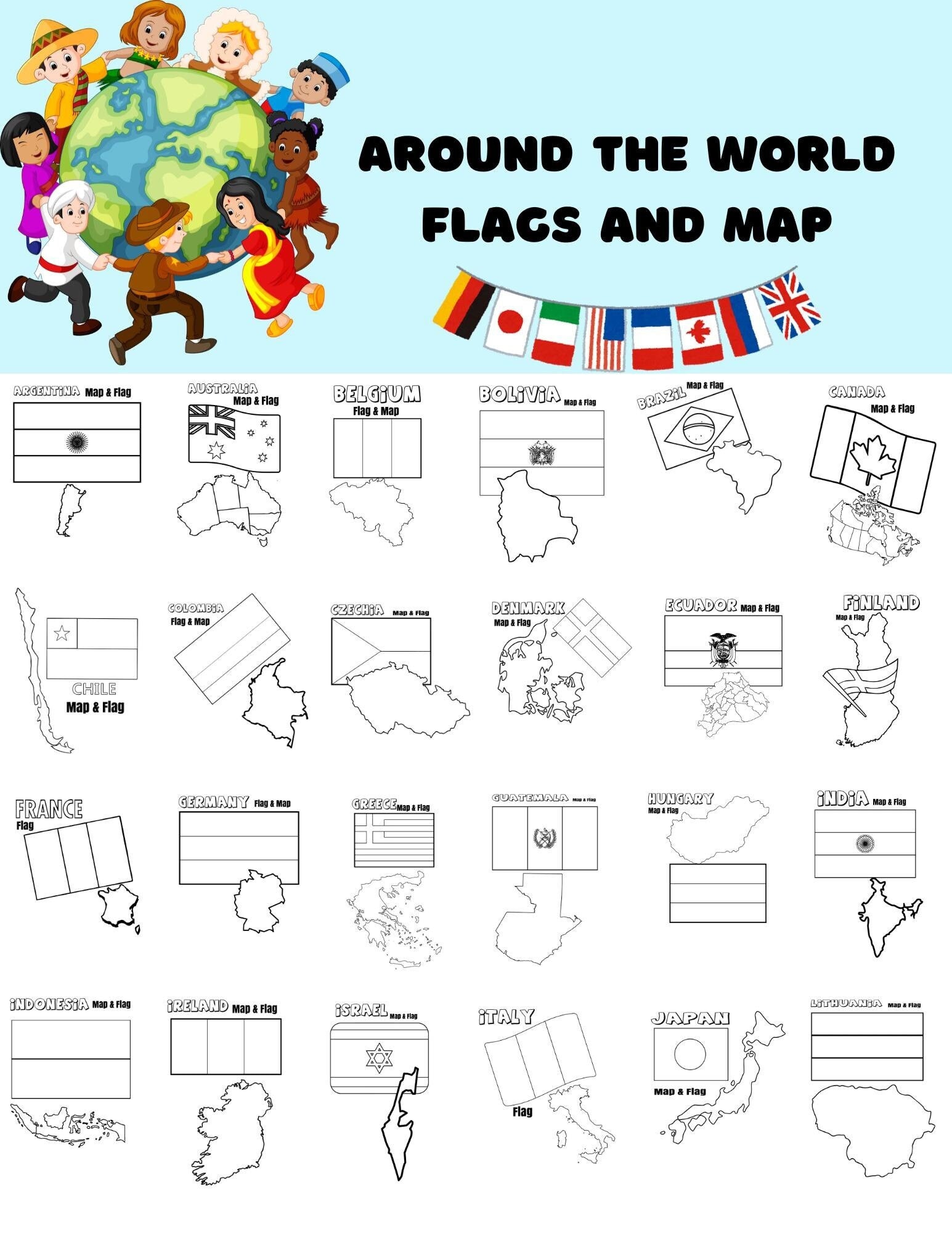 100 Printable Around the World Flags and Maps Coloring Pages | Instant Download | World Coloring | Flag Coloring | Kids Travel | Maps