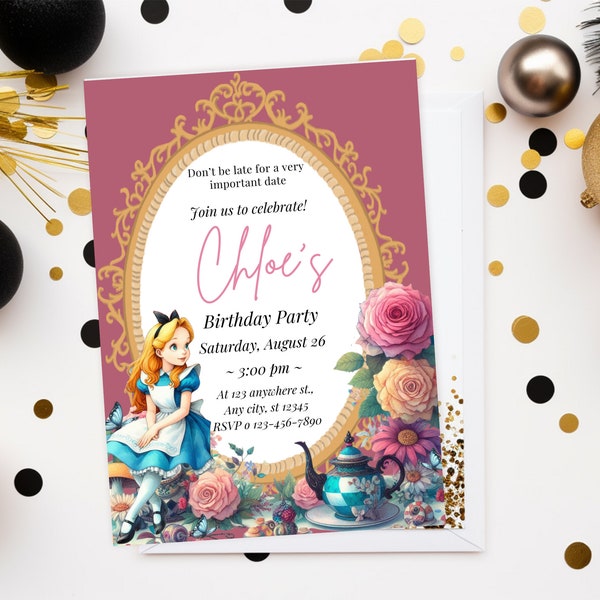 Alice in Wonderland Invitation, EDITABLE Whimsical Mad Tea Party Invite, Onederland Girl, 1st Birthday Pink invitation Template