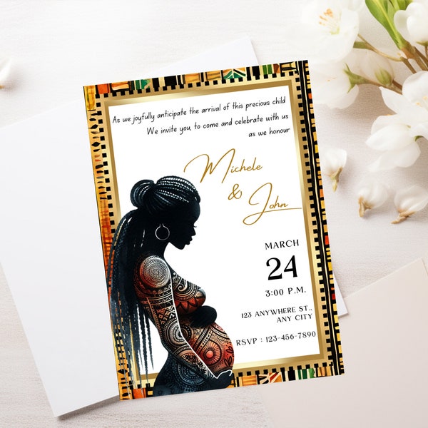 African Inspired Baby Shower Invitations Template ,Pregnancy announcement, African American digital art, Mother nature, Editable Invitation.