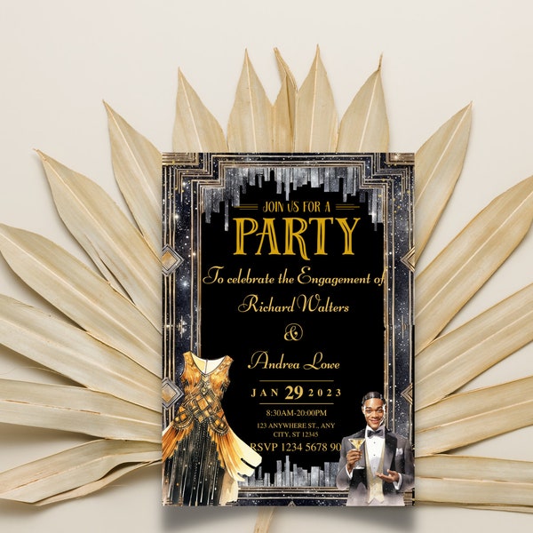 Great Gatsby Party Invites, Gold and black Birthday day invitations, Birthday invitations, Engagement invitations, Digital invitations