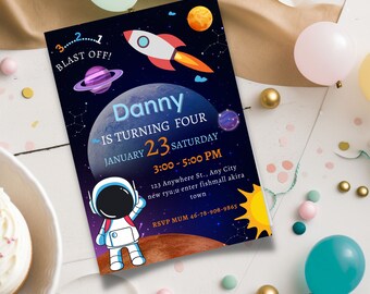 Outer Space Birthday Invitation Template, Planets Rocket Ship Astronaut Invite, Galaxy Blast Off Invitation, Editable Invitation