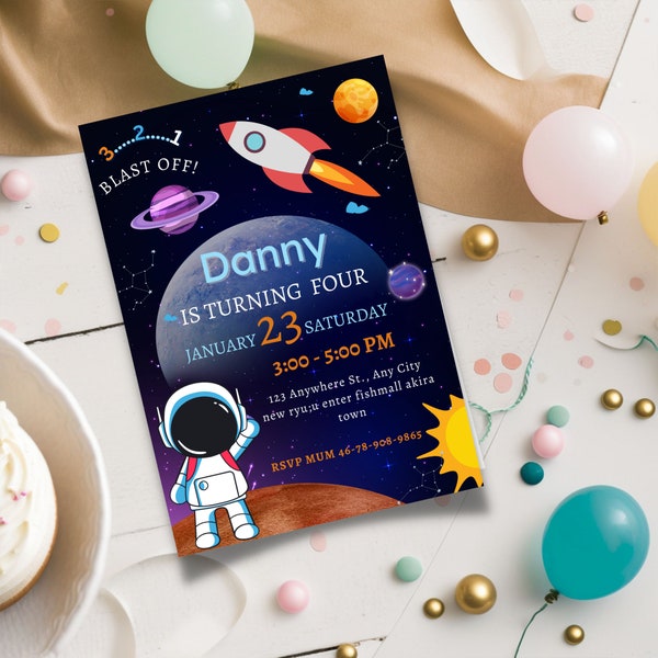 Outer Space Birthday Invitation Template, Planets Rocket Ship Astronaut Invite, Galaxy Blast Off Invitation, Editable Invitation