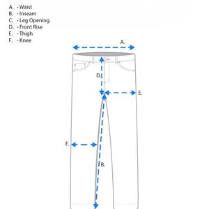 Puede incluir: Diagrama que ilustra las medidas de los pantalones: cintura, entrepierna, abertura de la pierna, tiro delantero, muslo y rodilla. El texto "Medidas" est&aacute; en la parte superior. L&iacute;neas punteadas y flechas indican los puntos de medici&oacute;n en un pantal&oacute;n.