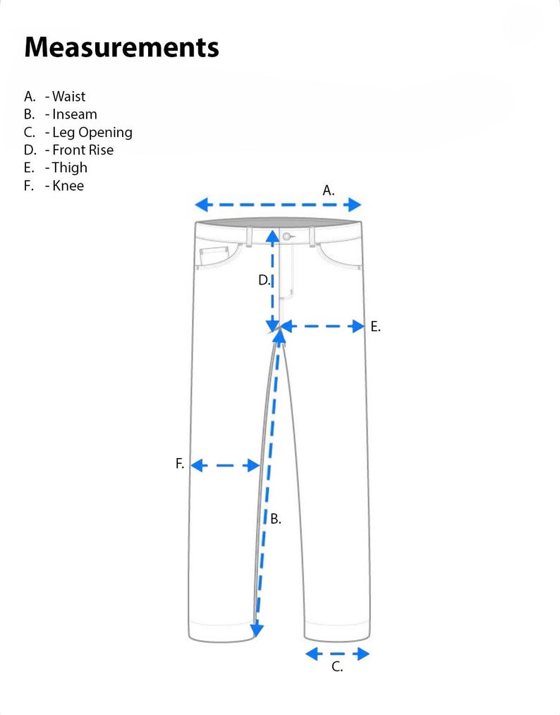 Puede incluir: Diagrama que ilustra las medidas de los pantalones: cintura, entrepierna, abertura de la pierna, tiro delantero, muslo y rodilla. El texto "Medidas" est&aacute; en la parte superior. L&iacute;neas punteadas y flechas indican los puntos de medici&oacute;n en un pantal&oacute;n.