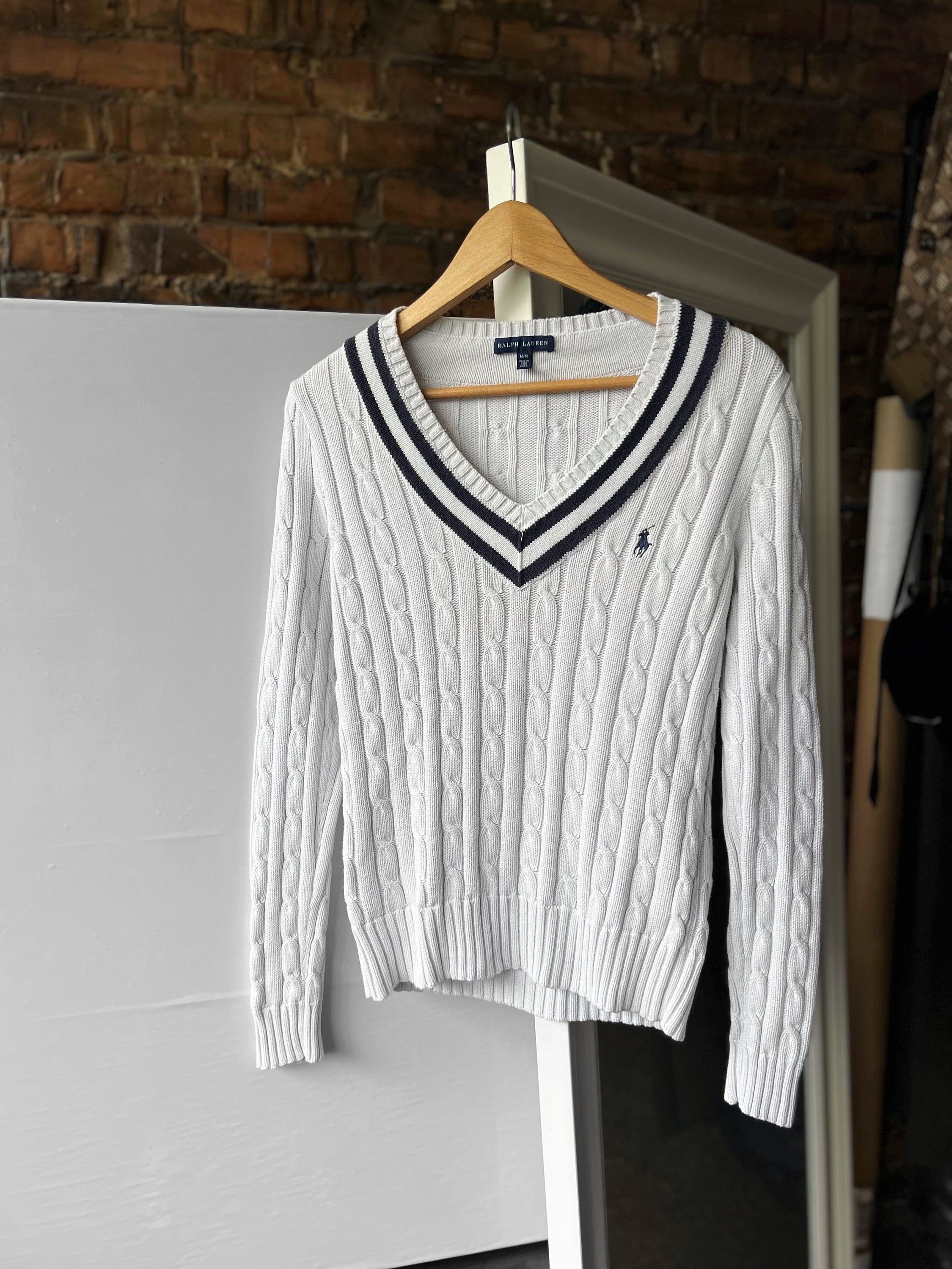 配送員設置 Lauren Ralph Women's White V-neck Knit Cable 90s Vintage トップス