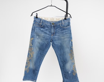Dolce & Gabbana Womens Cropped Jeans Blue Denim Floral Embroidery Size 30, M