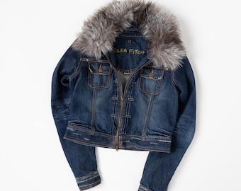 Abercrombie Ezra Fitch Womens Denim Jacket Faux Fur Collar Cropped Y2K Style Size S/M