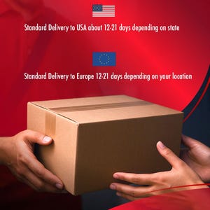 Puede incluir: Una caja de cart&oacute;n marr&oacute;n es sostenida por dos pares de manos sobre un fondo rojo. El texto "Standard Delivery to USA about 12-21 days depending on state" y "Standard Delivery to Europe 12-21 days depending on your location" es visible. Tambi&eacute;n est&aacute;n los logotipos de Etsy y KOWUK.