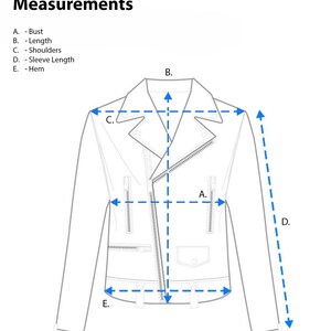 May include: A black and white line drawing of a jacket with an asymmetrical zipper, lapels, and zippered pockets. The image includes labels for measurements: A. Bust, B. Length, C. Shoulders, D. Sleeve Length, and E. Hem, indicated by blue arrows.