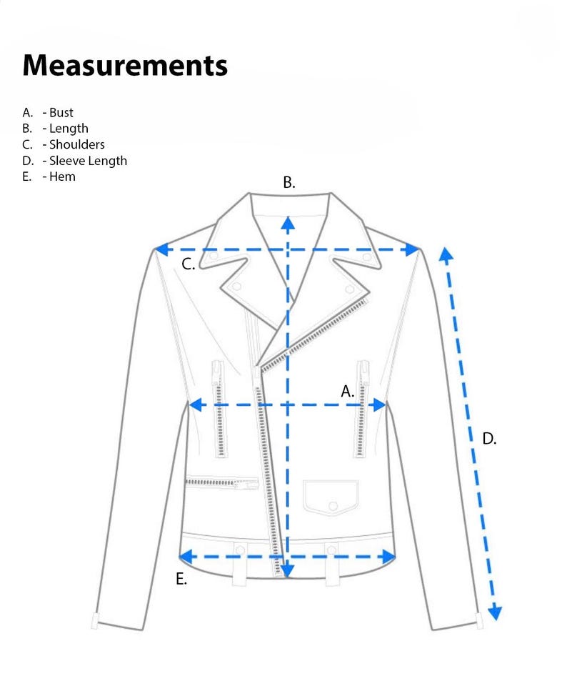 May include: A black and white line drawing of a jacket with an asymmetrical zipper, lapels, and zippered pockets. The image includes labels for measurements: A. Bust, B. Length, C. Shoulders, D. Sleeve Length, and E. Hem, indicated by blue arrows.