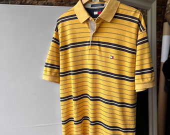 Tommy Hilfiger Men's Vintage 90s Yellow Striped Short Sleeve Polo Shirt Logo Size - L