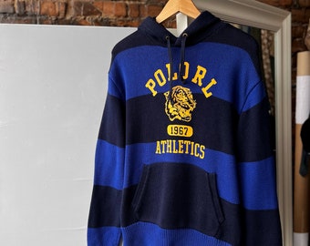 Polo Ralph Lauren Herren-Leichtathletik-Royal-Baumwollpullover mit Kapuze, gestreifter Kapuzenpullover mit großem Logo, Größe - M