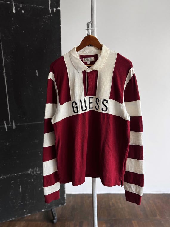 Guess Mens Vintage Red White Rugby Polo Shirt Long Sleeve Center Logo Size M L Etsy