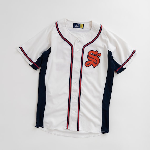 Mizuno, Mizuno Vintage Baseball Jersey White Navy Red Number 22 Rare Mens Size L