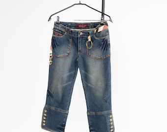 Pantalones vaqueros Baby Phat para mujer, estilo vintage Y2K, color azul, pierna ancha, capri, tiro bajo, talla 7, S