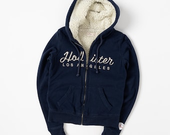 Sudadera con capucha Hollister para mujer, forrada de borrego, color azul marino, con cremallera completa, estilo Y2K, talla XS