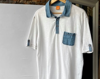 Hugo Boss Men’s Vintage White Short Sleeve Polo Shirt Denim Pockets Neck Size - M/L