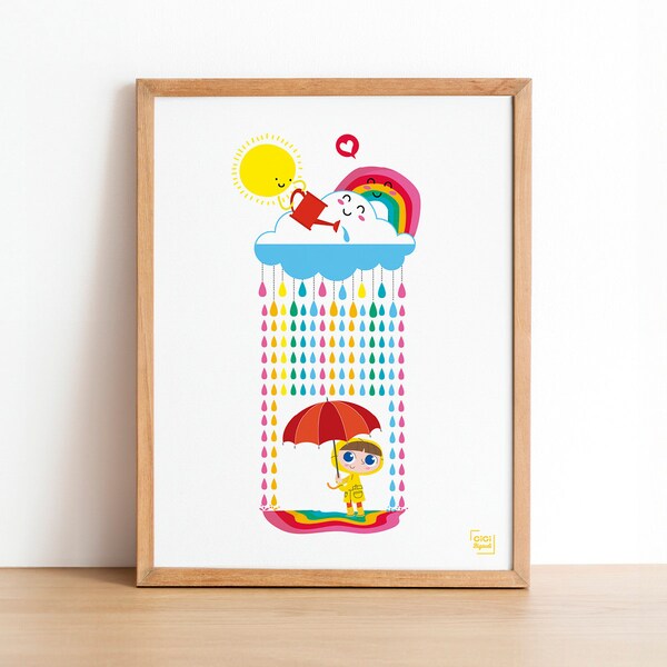 Affiche 30x40cm pour chambre d'enfant : une petite fille est arrosée par le soleil et s'abrite sous un parapluie rouge