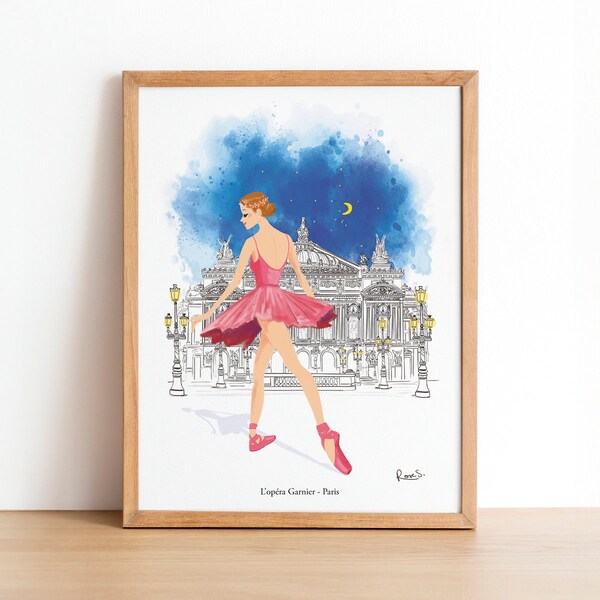 Affiche 30x40cm Opéra Garnier de Paris : danseuse en tutu avec l'opéra au second plan. Illustration de Rose Souriceau